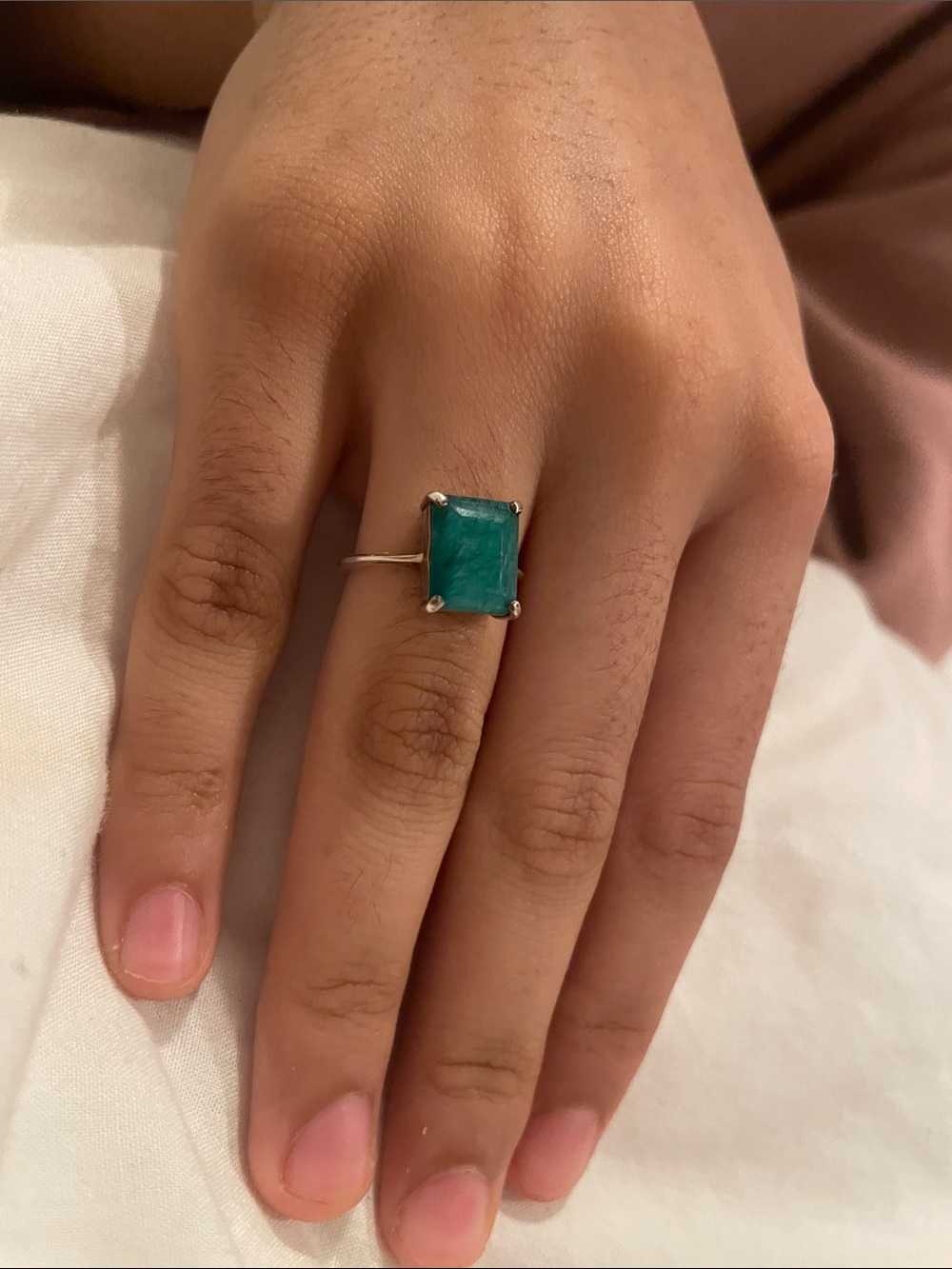 Sterling Silver Emerald-Cut Green Stone Ring